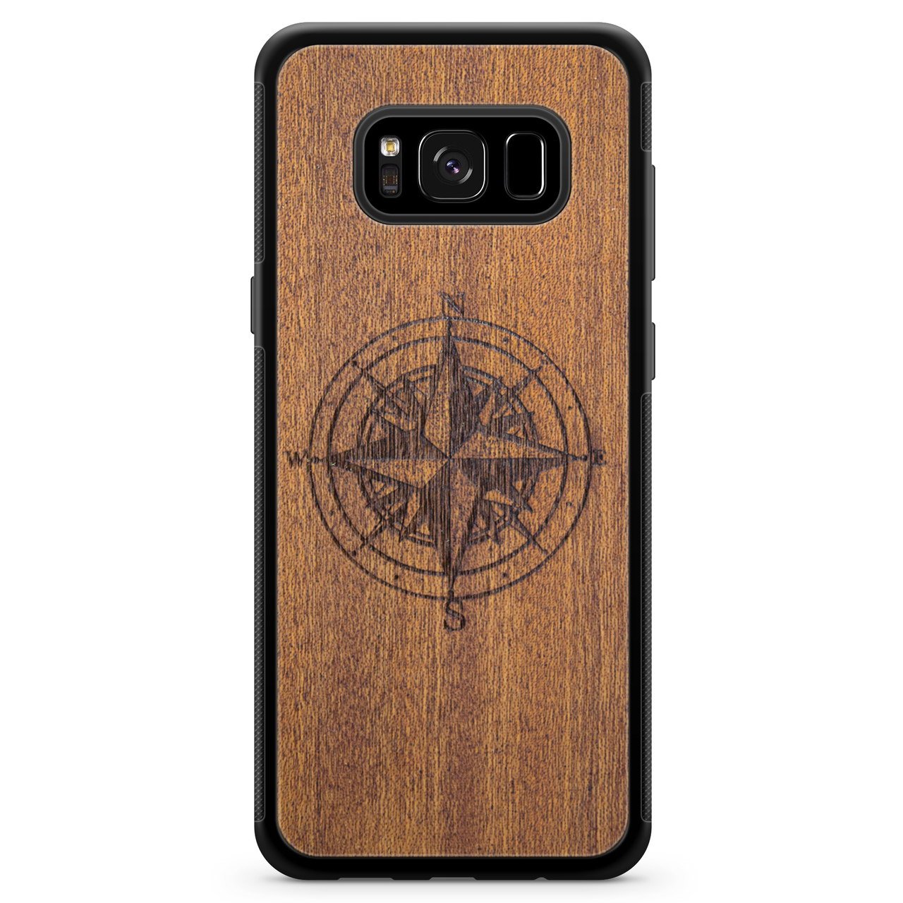Compass Engraved Mahogany Wood iPhone Case – Luxury MagSafe Compatible Slim Protective Phone Cover